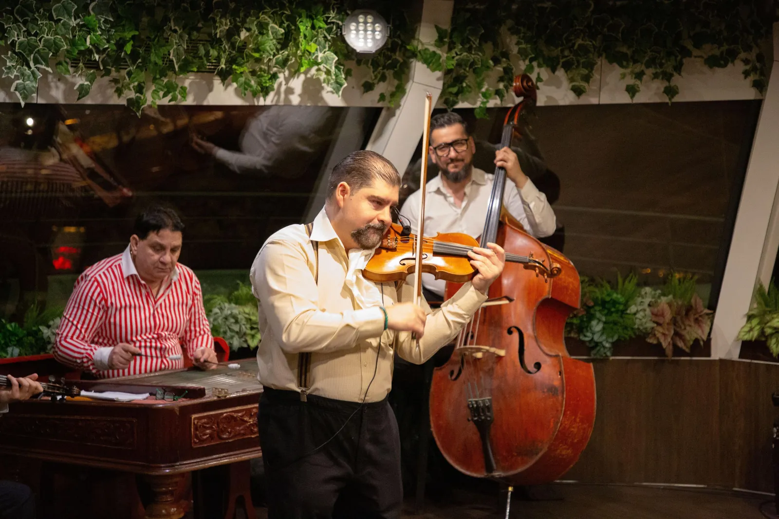 Violinist and bass player performing beside the tables